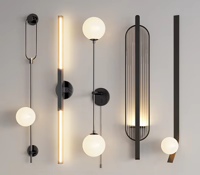 Modern Illuminated Wall Lamps With Spherical And Elongated Black White Designs 3d model