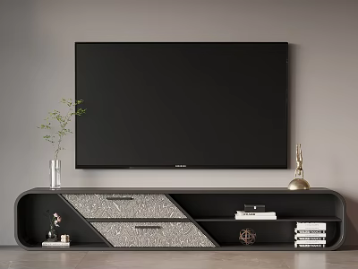 Modern TV Stand With Large Screen TV Decorative Vase Books And Ornaments 3d model