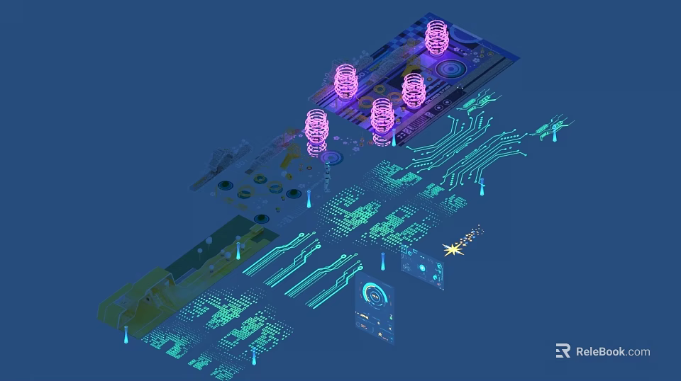 3D Rendered Decorative Lights On Circuit Board With Glowing Pink Blue Green Elements And Wiring 3d model 