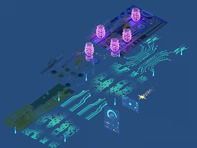 3D Rendered Decorative Lights On Circuit Board With Glowing Pink Blue Green Elements And Wiring 3d model