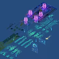 3D Rendered Decorative Lights On Circuit Board With Glowing Pink Blue Green Elements And Wiring