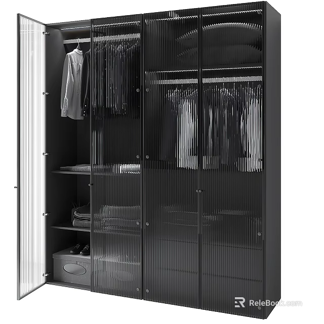 Modern Black Wardrobe with Ribbed Glass Sliding Doors Internal Hanging Folded Clothes and Shoe Storage 3d model 