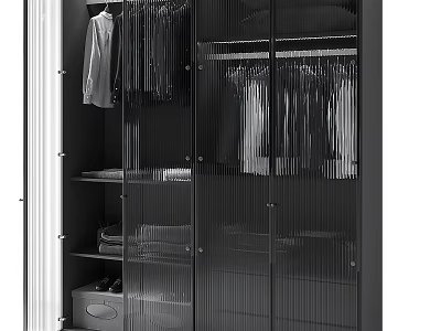 Modern Black Wardrobe with Ribbed Glass Sliding Doors Internal Hanging Folded Clothes and Shoe Storage 3d model