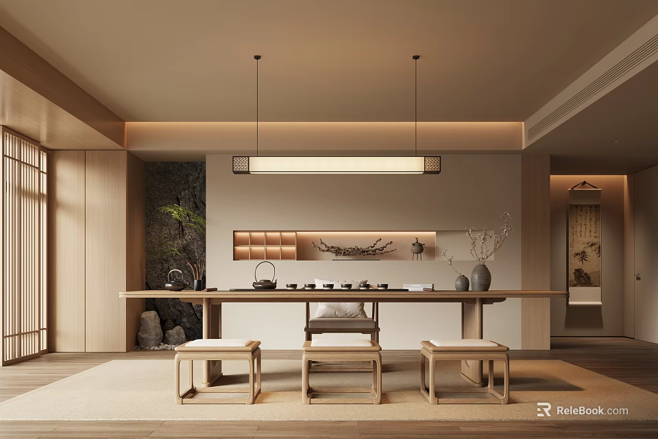 Traditional Zen Tea Room Interior With Wooden Table Stools And Hanging Lights 3d model 