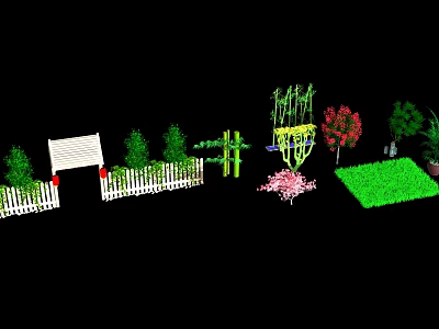 Garden Landscape With White Picket Fence Green Trees Bamboo Pink Flowers Red Tree Green Lawn 3d model