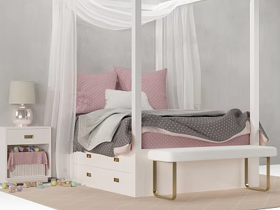 White Four Poster Double Bed with Pink Pillows Gray Blanket and Bench in Gray Bedroom 3d model