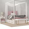 White Four Poster Double Bed with Pink Pillows Gray Blanket and Bench in Gray Bedroom