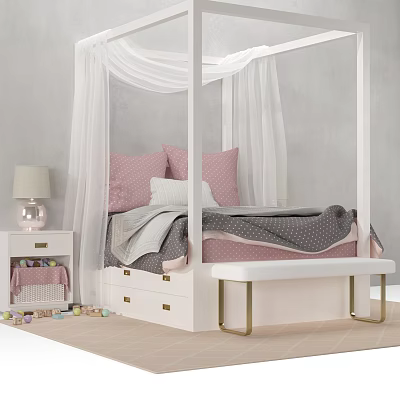 White Four Poster Double Bed with Pink Pillows Gray Blanket and Bench in Gray Bedroom 3d model