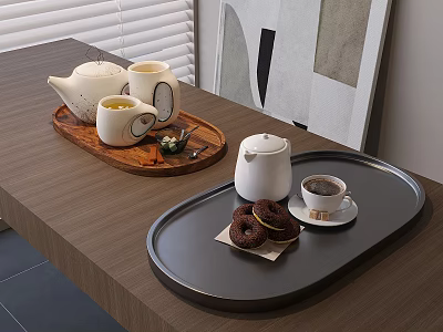 Stylish Teaware Set With Wooden Tray Black Tray Teapot Teacup Donuts And Coffee On Table 3d model