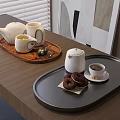 Stylish Teaware Set With Wooden Tray Black Tray Teapot Teacup Donuts And Coffee On Table