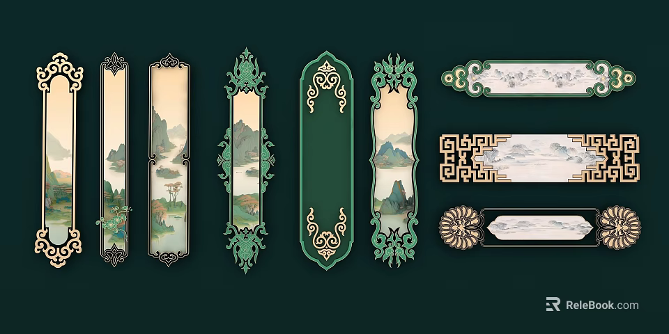 Traditional Chinese Carvings Decorative Frames With Landscape Patterns And Green Accents 3d model 