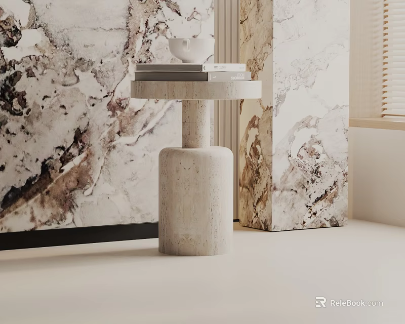 Modern Stone Side Table With Cylindrical Base And Books On Marble Wall Background 3d model