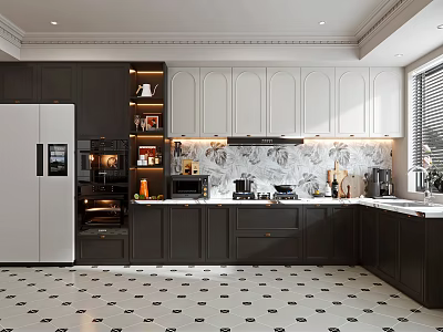 Elegant Modern Kitchen Featuring Dark Cabinets White Refrigerator Marble Backsplash And Tiled Floor 3d model