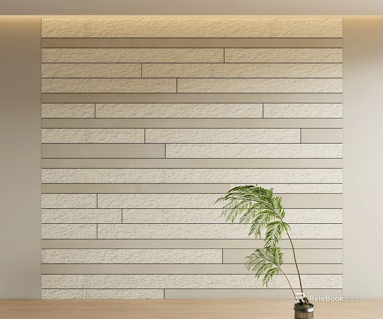 Light Colored Horizontal Striped Stone Background Wall With Green Plant 3d model