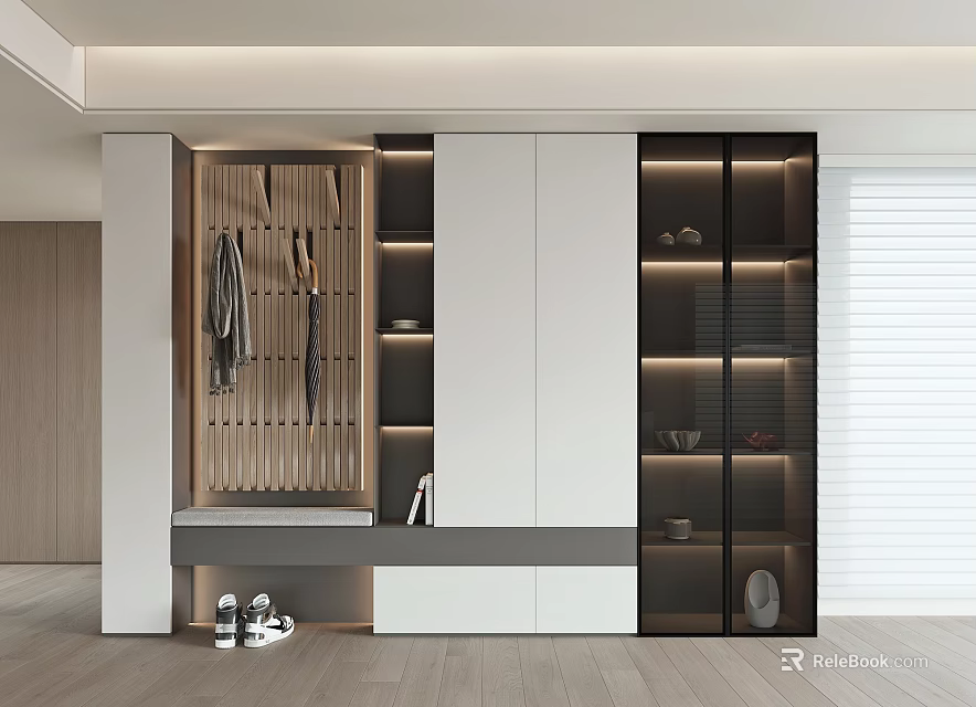 Modern Shoe Cabinet Design With Hanging Hooks Seating Bench And Glass Storage Compartments 3d model 