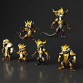 Golden Reptile Characters In Armor With Multiple Poses On Dark Background 3d model
