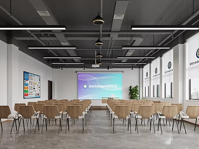 Modern Conference Room With Arranged Chairs Projection Screen And Windows 3d model