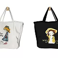 Cute Cartoon Girl Print Tote Bags In White And Black Casual Design