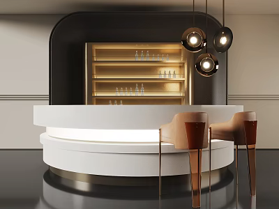 Modern Round Bar Counter With White Gold Accents Brown Stools Hanging Lights And Glass Shelves 3d model