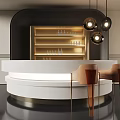 Modern Round Bar Counter With White Gold Accents Brown Stools Hanging Lights And Glass Shelves