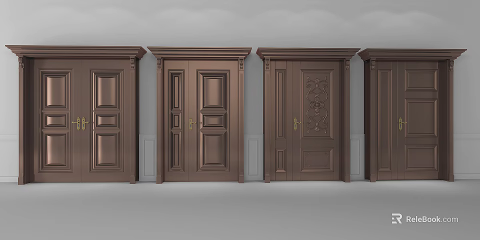Classic Brown Double Door Design With Unequal Panels And Carved Patterns 3d model
