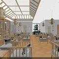 Traditional Tea House Interior With Wooden Furniture Hanging Lanterns And Large Windows