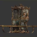 Traditional Ornate Sedan Chair With Golden Frame Painted Panels And Carrying Poles