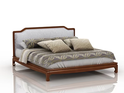 Elegant Wooden Double Bed With Upholstered Headboard Patterned Bedspread And Pillows 3d model