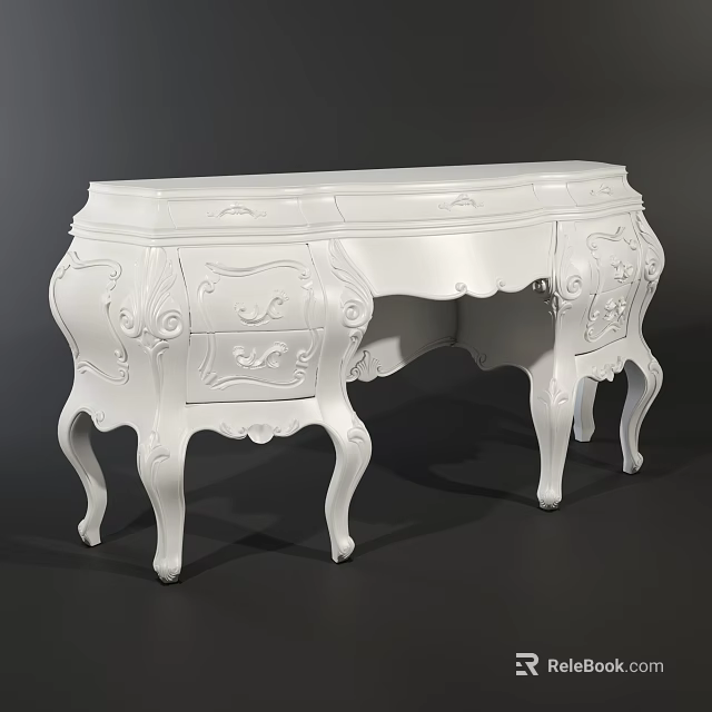 Elegant White Classic Desk With Ornate Carvings And Curved Legs Design 3d model 