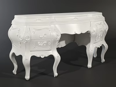 Elegant White Classic Desk With Ornate Carvings And Curved Legs Design 3d model