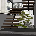 Modern Indoor Wooden Staircase with Glass Railing and Small Pine Tree with Stones and Moss