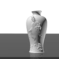 White Ceramic Vase With Carved Lotus Flowers And Figure On Smooth Gray Background