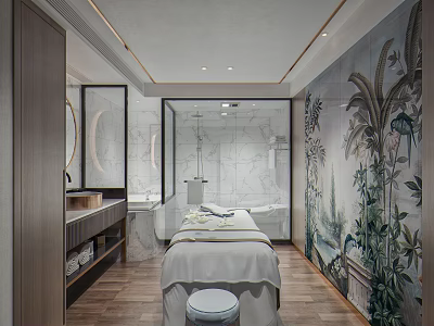 Modern SPA Sauna Interior Design With Massage Bed Marble Walls Botanical Murals And Wooden Flooring 3d model