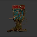 Colorful Birdhouse With Red Roof Blue Body And Twisted Branches On Dark Round Platform