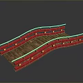 Japanese Style Red Wooden Bridge With Curved Design And Golden Railings