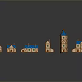 Miniature Houses In Various Styles With Blue Roofs Orange Exteriors Cottages Towers And Reflections