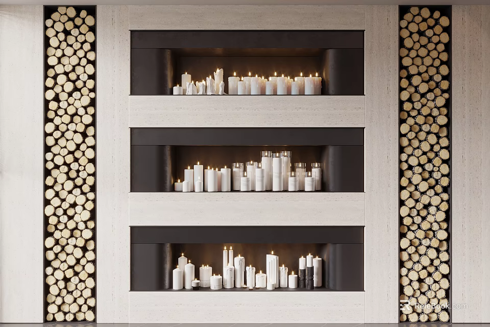 Modern Three Tiered Fireplace With Lit White Candles And Wood Log Decor 3d model 