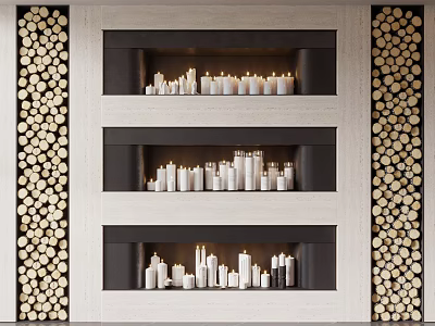 Modern Three Tiered Fireplace With Lit White Candles And Wood Log Decor 3d model