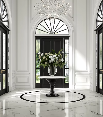 Stylish Entryway With Black Door Marble Vase And White Green Flower Arrangement On Round Table 3d model