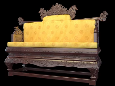 Traditional Wooden Carved Seat With Yellow Upholstered Backrest And Ornamental Frame 3d model