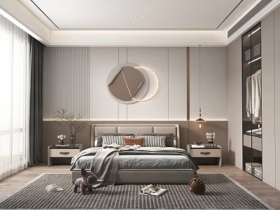 Modern Bedroom Interior With Bed Round Mirror Bedside Tables Pendant Lights Rug And Wardrobe 3d model