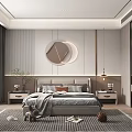 Modern Bedroom Interior With Bed Round Mirror Bedside Tables Pendant Lights Rug And Wardrobe
