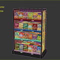 Multi Tiered Grid Retail Display Shelf With Colorful Cereal Boxes And Grocery Products