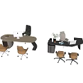 Modern Office Desk Setups Featuring Round Rectangular Designs Laptop Chairs And Green Plants 3d model
