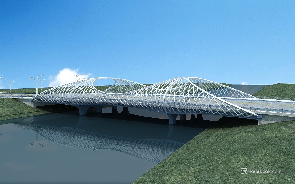 Modern Curved Metal Bridge Design Over Water With Grass Against Blue Sky 3d model 