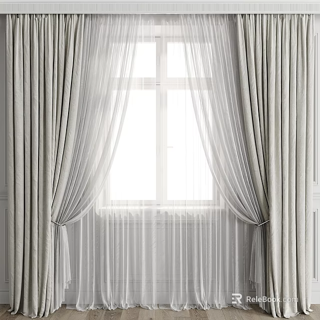 Light Gray Curtains With Sheer Panels For Living Room Window Decoration 3d model 