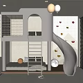 Kids Room Interior Design With Bunk Bed Slide Climbing Wall Ladder Soft Mattress And Window