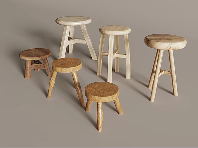 Various Wooden Stools With Different Designs And Natural Wood Tones For Home Decor 3d model