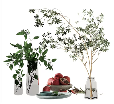 Stylish Decorative Ornament Combination For Tabletop Display With Green Plants Glass Vases And Pomegranates 3d model