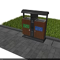 Outdoor Public Waste Bin With Double Compartments Wooden Panels Metal Frame And Grass Area
